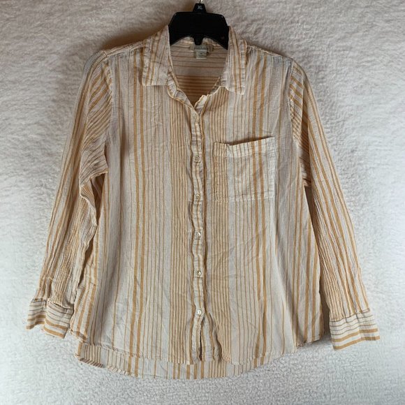 Sundance Catalog Women's Create Beauty Cream Striped Button Up Shirt Size M 8946 - Picture 1 of 8